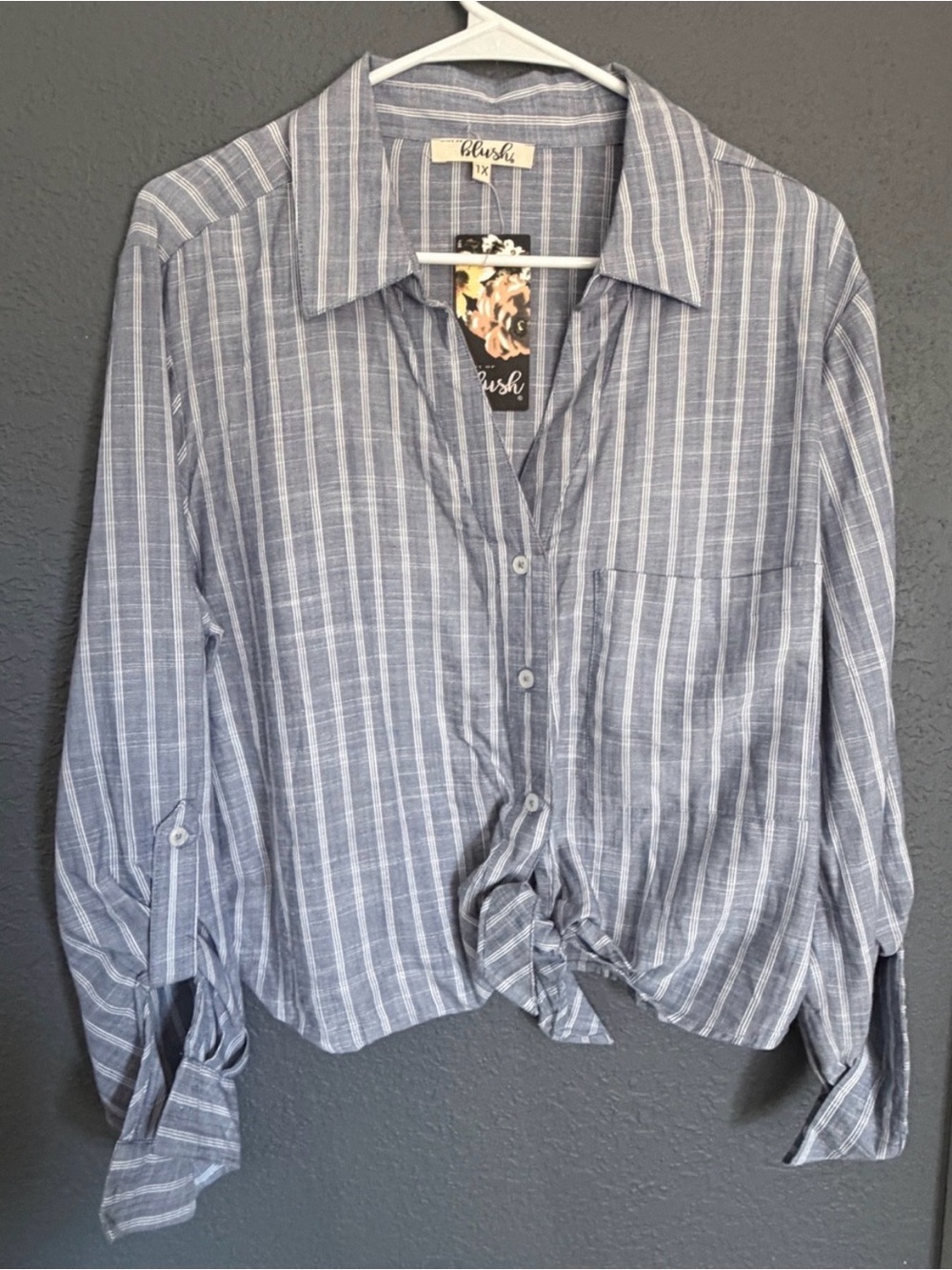 NWT Hint of Blush 1X Blue Striped Tie Front Button-Up Blouse